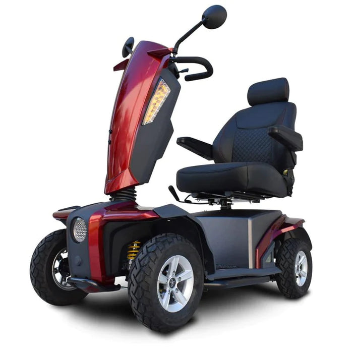 Front of Red ev rider fast mobility scooter with headlighs and turn signals